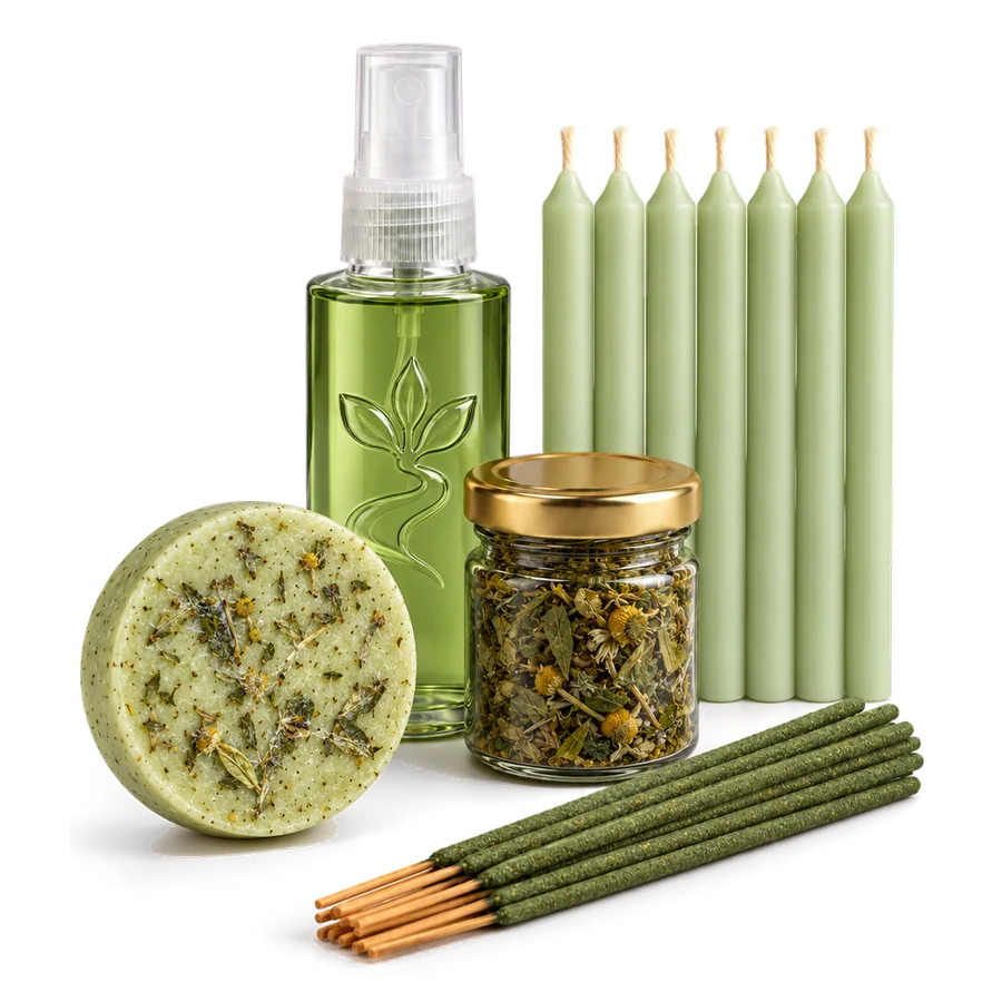 Botiquín Abre Caminos: jabón verde con manzanilla, splash verde, frasco con hierbas, siete velas verdes y sahumerios