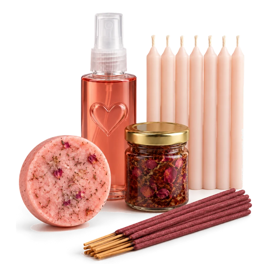 Botiquín Amor: jabón rosado con pimpollos de rosa, splash rosado, frasco con pétalos, siete velas rosa claro y sahumerios